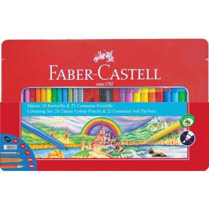 Faber-Castell, 155515, Dárková sada popisovačů Connector s pastelkami a příslušenstvím, 50 ks
