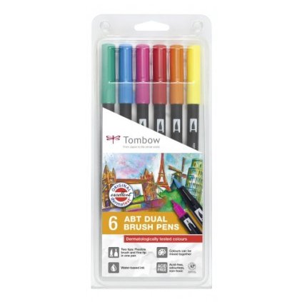 Tombow, ABT-6P-3, ABT Dual Brush pen, oboustranné popisovače, dermatologicaly tested, based tone, 6 ks