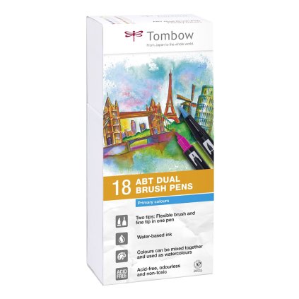 Tombow, ABT-18P-1, ABT Dual Brush pen, oboustranné popisovače, Primary/Base tone, 18 ks