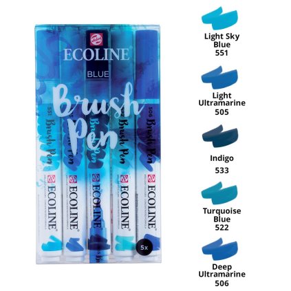 Royal Talens, 11509905, Ecoline brushpen set, sada štětečkových akvarelových popisovačů, blue, 5 ks