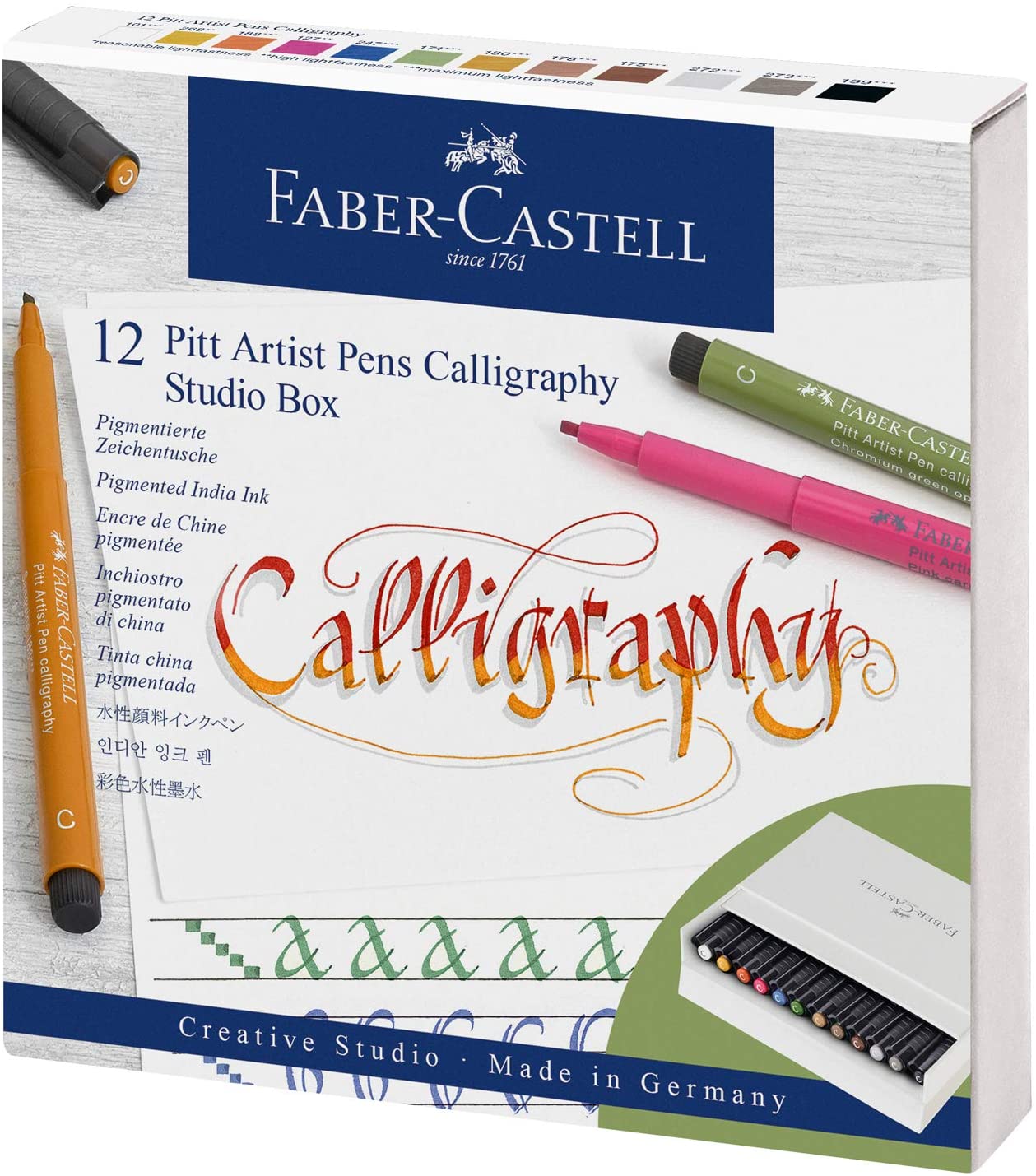 Levně Faber-Castell, 167512, Pitt Artist Pen Calligraphy, kaligrafická sada ve studio boxu, 12 ks