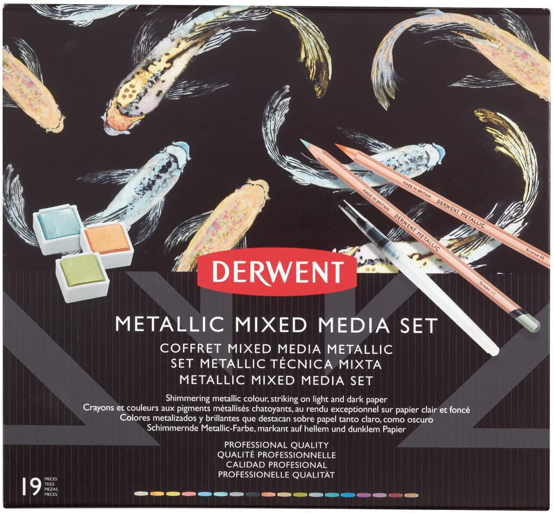 Levně Derwent, 2305948, Metallic Mixed Media, sada metalických pastelek a akvarelových barev se štětcem, 19 ks
