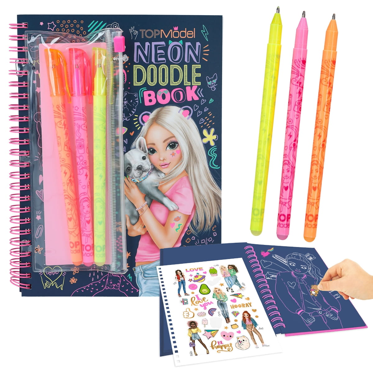 Levně Top model, 3497670, Neon doodle book, kreativní omalovánky se samolepkami a pery