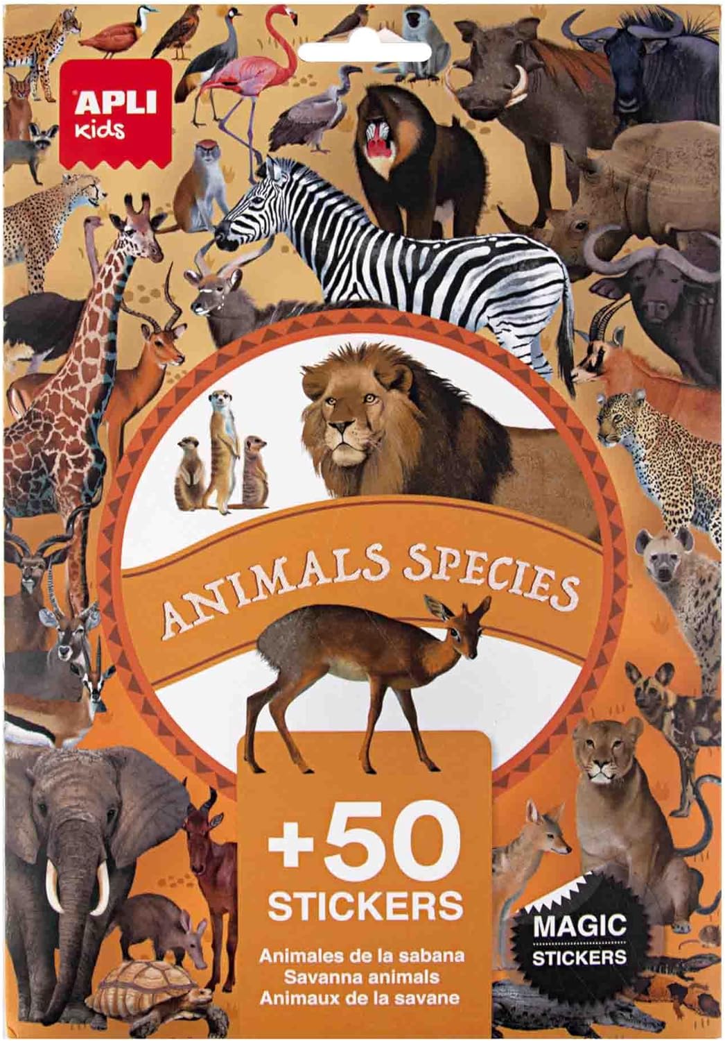 Levně APLI, 19427, sada opakovatelně použitelných samolepek, zvířata savany, 50 ks