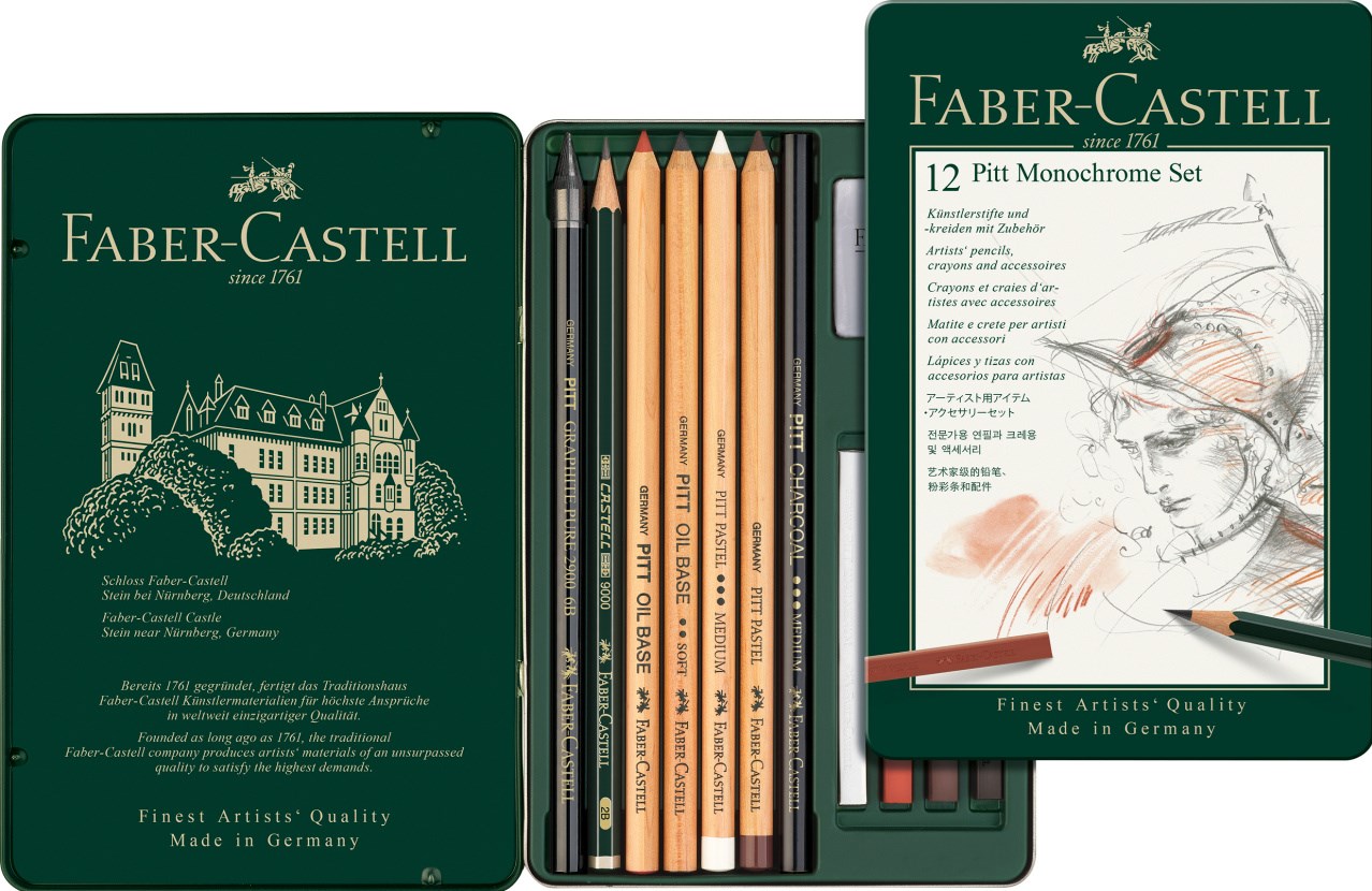 Levně Faber-Castell, 112975, Pitt Monochrome, sada uměleckých výtvarných potřeb, 12 ks