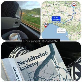 Noční přejezd Brno-Ligurie. Ještě zbývá cca 500 km. Dlouhé cesty autobusem zvládám se sluchátky, knihou, dekou, polštářkem...