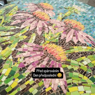Kachle nalepeny! Zítra spárování a leštění 😁 #krajinaomalovanek #echinacea #mozaika #obraz #mosaïque