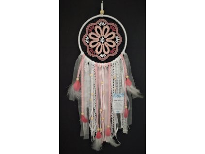 Lapač snů 20cm - bohatý bílo/růžový s peříčky