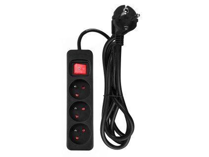 Prodlužovací kabel 1,5 m, 3x1,5 mm2, 3 zásuvky, černý, ON/OFF