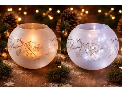 Pískovaná lucerna Koule Cesmína  Svítící světelná  vánoční dekorace