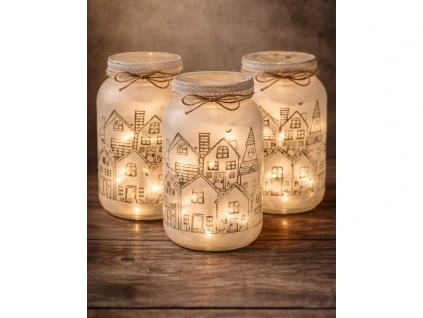 Pískovaná Lucerna Domečky  Svítící světelná dekorace