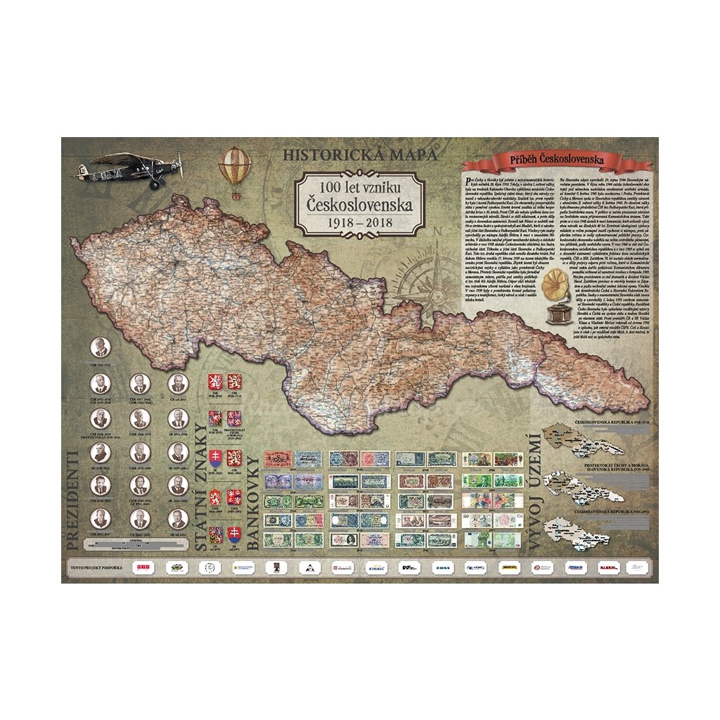 100 let vzniku Československa - historická nástěnná mapa 110x82 cm (Provedení Volta ořech, Varianta dřevěný rám)