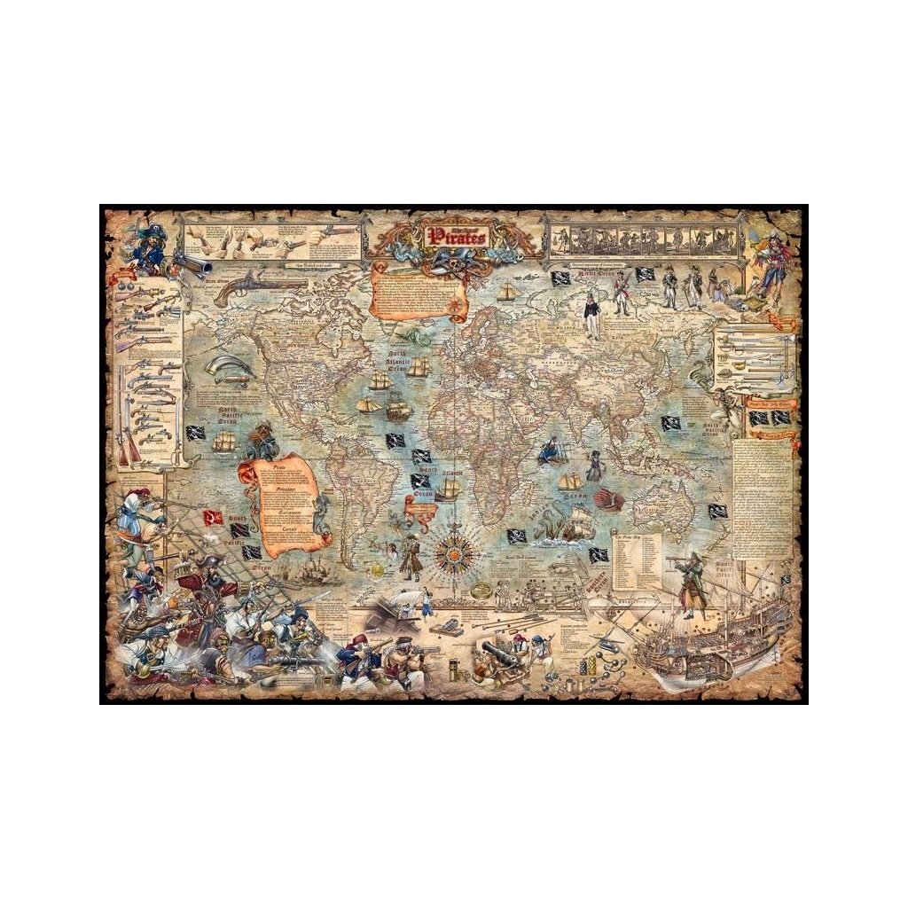 PIRÁTI - nástěnná mapa pro děti 120 x 85 cm (Provedení černý, Varianta hliníkový rám)