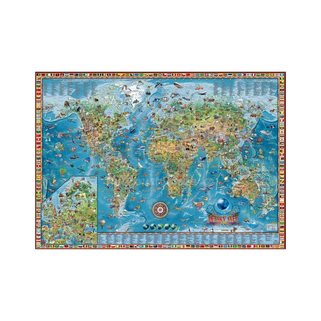 Dětská mapa světa - nástěnná mapa 138 x 98 cm (Provedení Bergane červený, Varianta dřevěný rám)