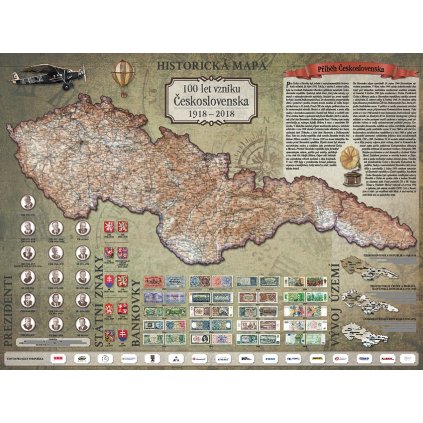 100 let vzniku Československa - historická nástěnná mapa 110x82 cm (Provedení Volta ořech, Varianta dřevěný rám)