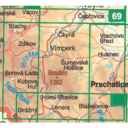 69 Pošumaví - Vimpersko - nástěnná turistická mapa 90 x 60 cm (Provedení tmavě zelený, Varianta hliníkový rám)