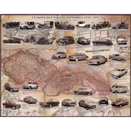 Československé automobily 1918 - 1992 nástěnná mapa 150 x 120 cm (Provedení stříbrný, Varianta magnetická mapa)