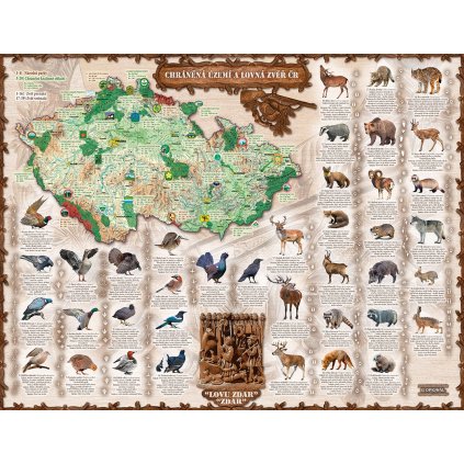 Chráněná území a lovná zvěř ČR - nástěnná mapa 160 x 120 cm (Provedení Volta ořech, Varianta dřevěný rám)