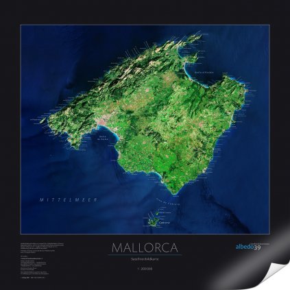 Malorka - satelitní mapa 70 x 70 cm (Provedení černý, Varianta hliníkový rám)