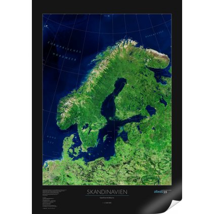 Skandinávie - satelitní mapa 70 x 100 cm (Provedení černý, Varianta hliníkový rám)