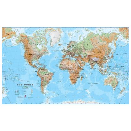 Svět - nástěnná fyzická mapa 135 x 85 cm (Provedení Zevio černý, Varianta dřevěný rám)