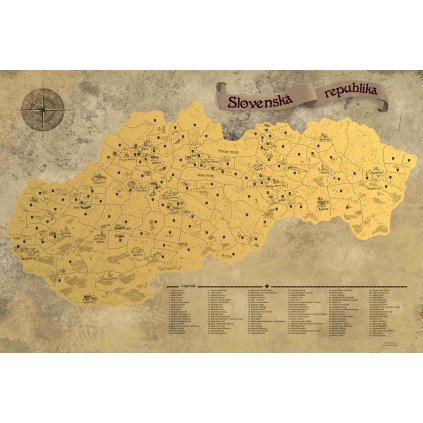 Stírací mapa Slovenska DELUXE XL - zlatá (Provedení Ticiago šedý, Varianta dřevěný rám)