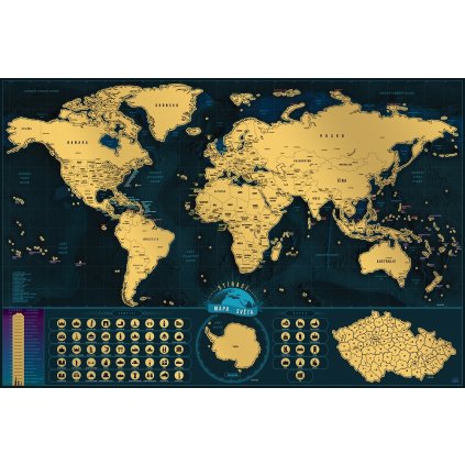 Stírací mapa světa DELUXE XL - česky (Provedení Ticiago šedý, Varianta dřevěný rám)