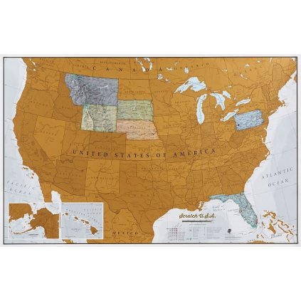 Stírací mapa USA Scratch Gold (Provedení Ticiago šedý, Varianta dřevěný rám)