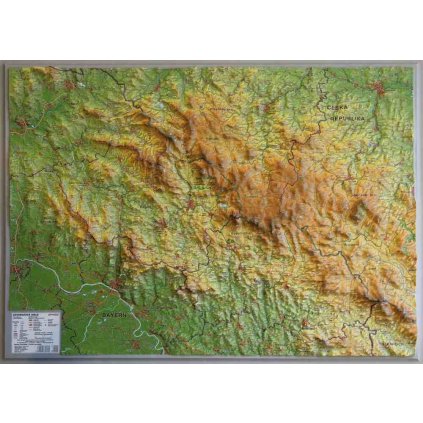 Šumava a Bavorský les - plastická mapa 40 x 30 cm (Provedení Pinos oranžový, Varianta dřevěný rám)