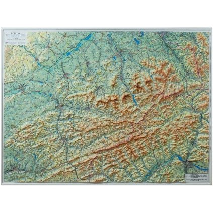 Beskydy - nástěnná plastická mapa 1:100t. (Provedení Pinhal tmavý natur, Varianta dřevěný rám)