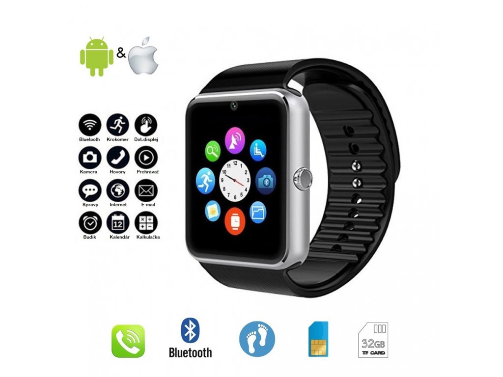 Inteligentné smart hodinky GT08 Bluetooth, NFC, GSM so slotom na kartu SIM a zdravotným senzorom pre Android a IOS Apple iPhone. Smartphone náramok Smartwatch.