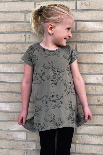 Dívčí rostoucí šaty-tunika-tričko FLOWERS khaki