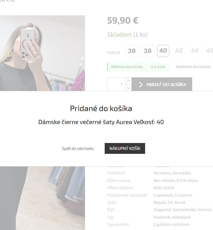 Pridanie produktu do košíka na e-shope Krásna móda