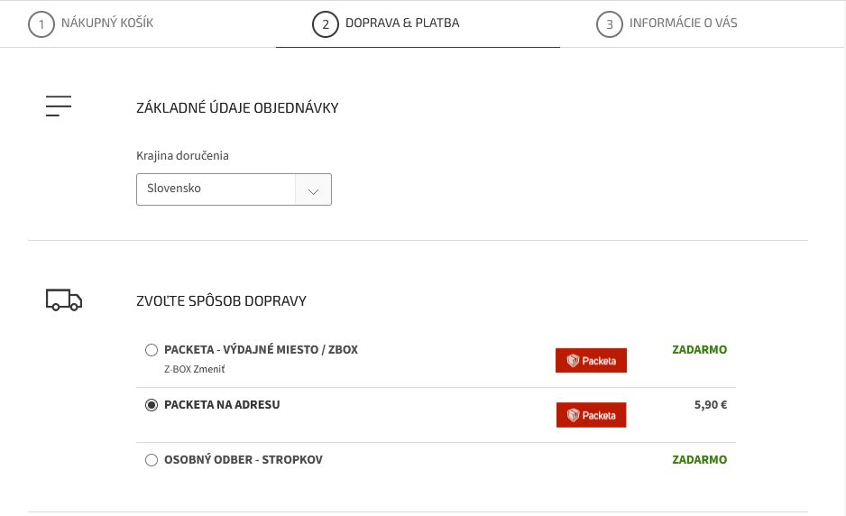 Výber dopravy a platby na e-shope Krásna móda