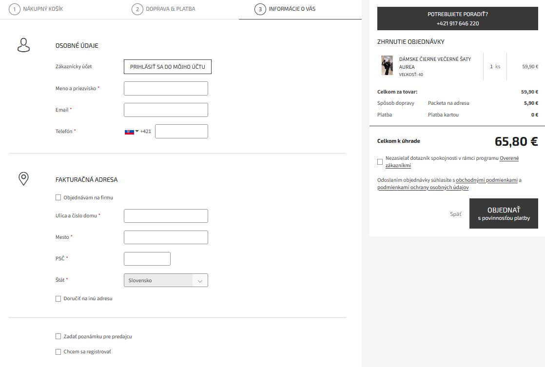 Vyplnenie údajov a kontrola objednávky na e-shope Krásna móda
