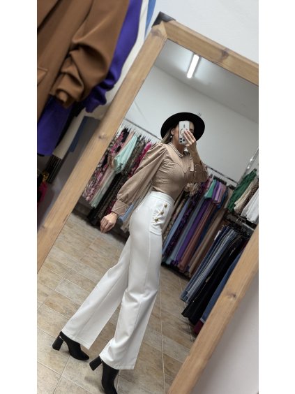 Elegantné biele nohavice s vysokým pásom Lavio, Biela (Veľkosť S)