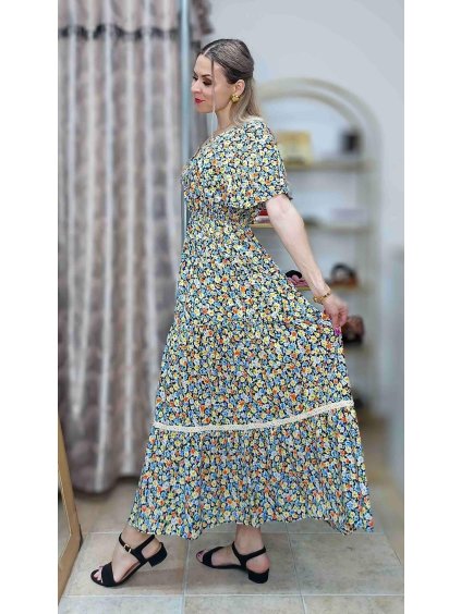 Dlhé kvietkované šaty Rose, Žltá (Veľkosť M/L)