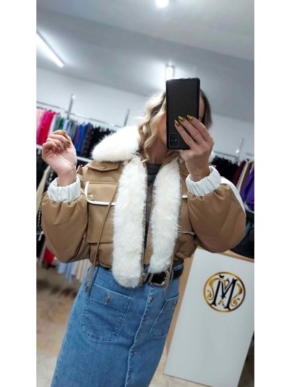 Krátka zimná bunda s kožušinou, Béžová (Veľkosť S)