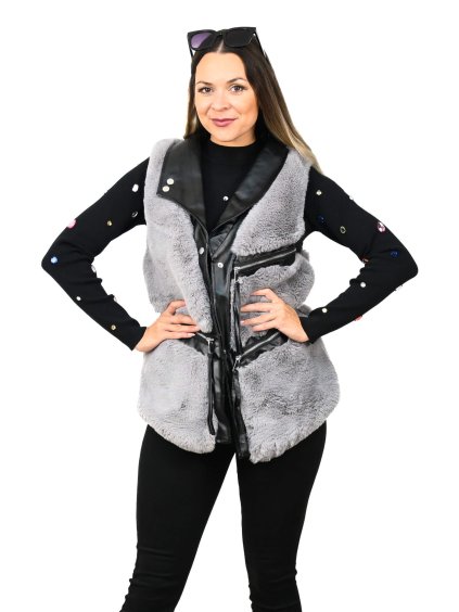 Kožušinová vesta so zipsami, Sivá (Veľkosť S)