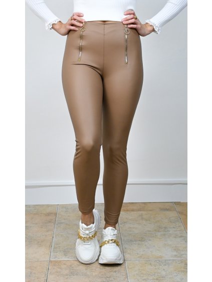 Hnedé legíny s vysokým pásom a zipsami, Cappuccino (Veľkosť S)