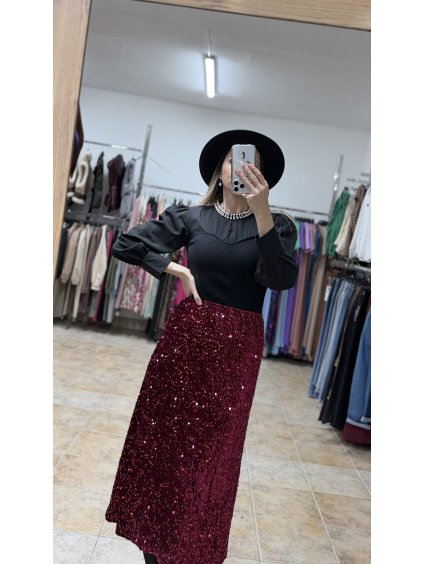 Bordová sukňa s flitrami Adelin (Veľkosť S/M)