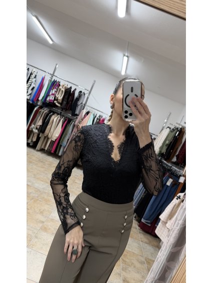 Čipkované body s dlhým rukávom Marys, Čierna (Veľkosť S)