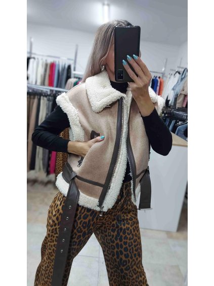 Dámska vesta s kožušinkou, Béžová (Veľkosť S)