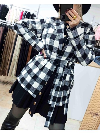 Kockované sako s opaskom, Čiernobiela (Veľkosť 40)