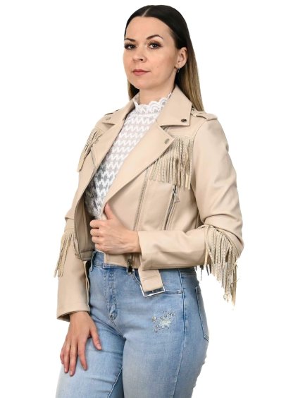 Béžová koženková bunda so strapcami (Veľkosť S)