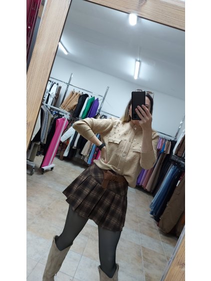 Hnedá károvaná jesenná sukňa Tara (Veľkosť S/M)