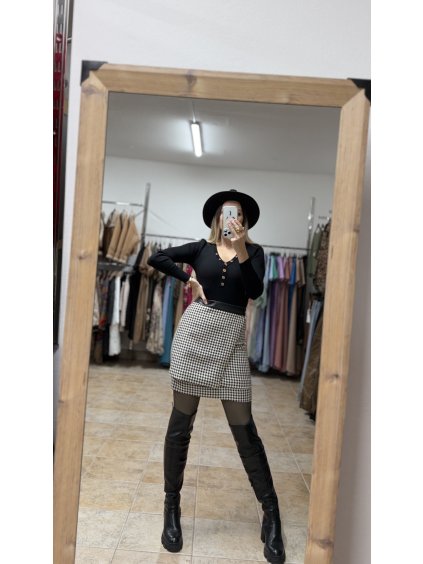 Retro sukňa so vzorom kohutia stopa, Krémovočierna (Veľkosť S)