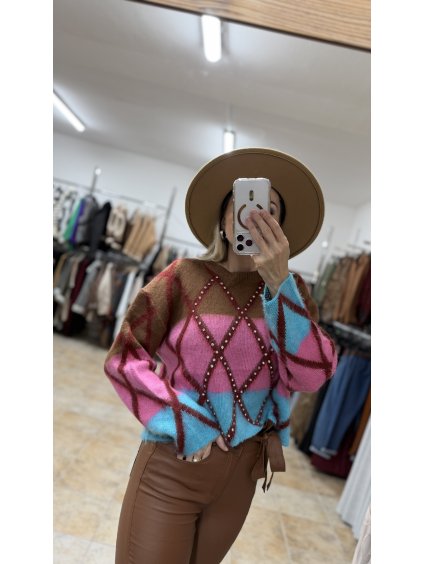 Farebný sveter so zirkónmi, Ružová (Veľkosť UNI)