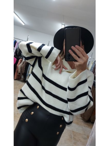 Pruhovaný sveter so zipsom Lara, Biela (Veľkosť UNI)