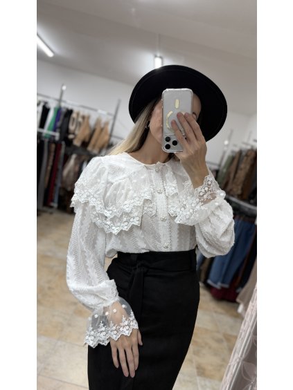Čipkovaná blúzka s volánom, Biela (Veľkosť UNI)